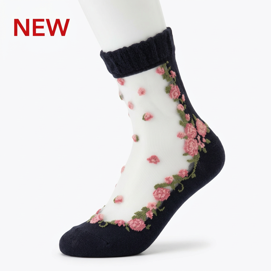 Enhanced Six Roses sock with red NEW text on a white background