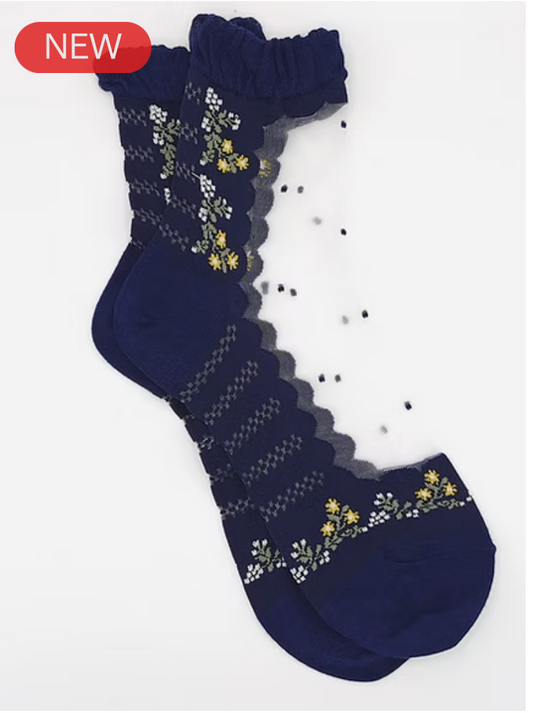 Small Flower Dot Lame Sheer Socks – Navy