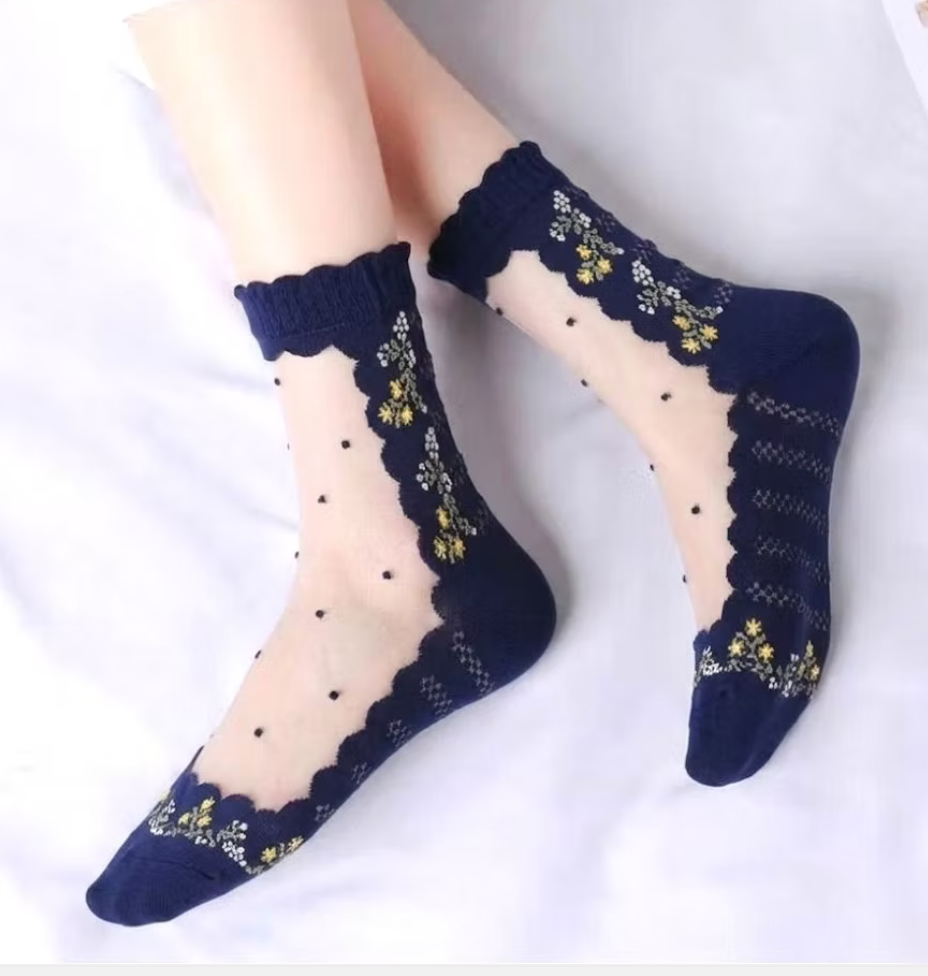 Small Flower Dot Lame Sheer Socks – Navy