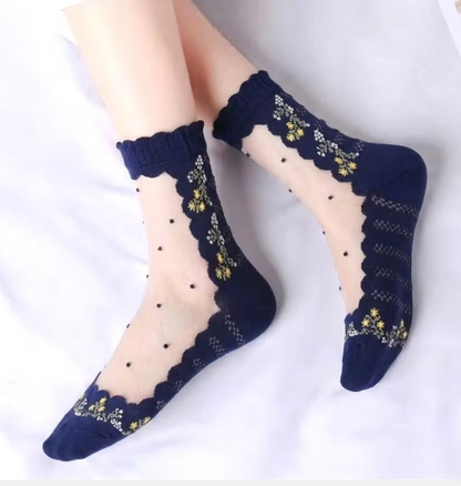 Small Flower Dot Lame Sheer Socks – Navy