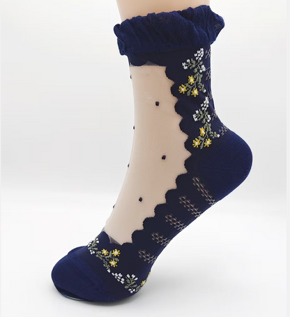 Small Flower Dot Lame Sheer Socks – Navy