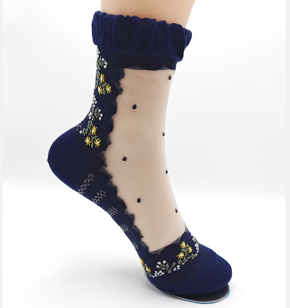 Small Flower Dot Lame Sheer Socks – Navy