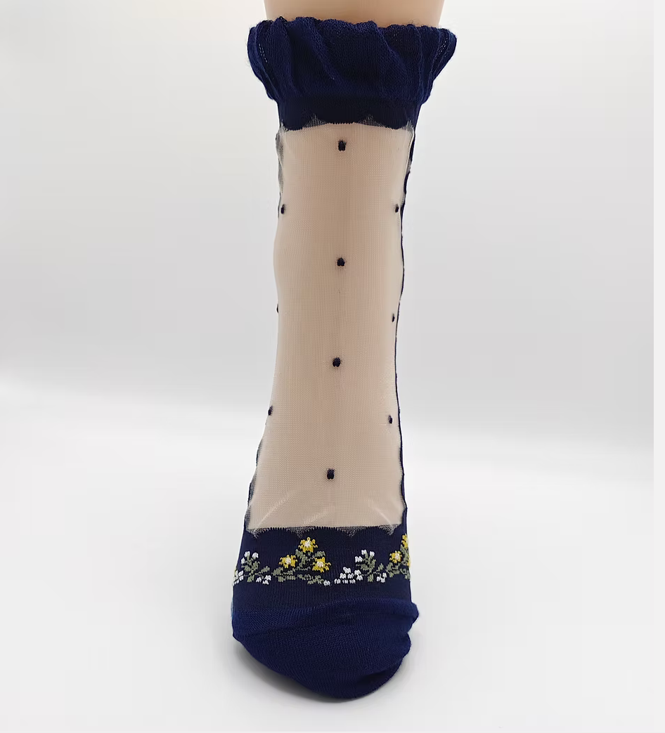 Small Flower Dot Lame Sheer Socks – Navy