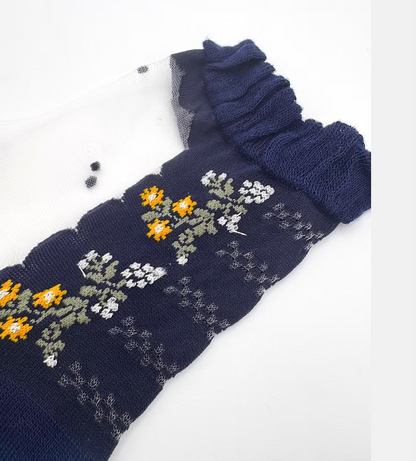 Small Flower Dot Lame Sheer Socks – Navy