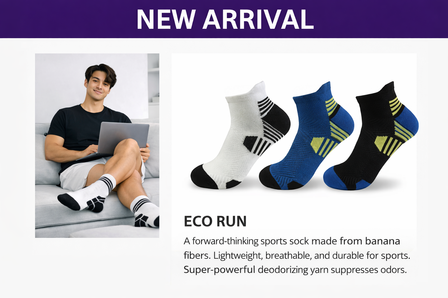 ECO RUN - New Arrival banner featuring banana fiber sports socks
