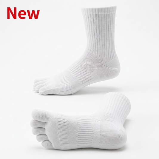 All-white Danjiri five-toe socks with support zones and red New text