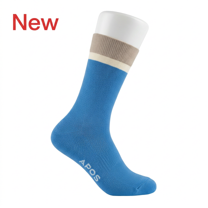 APOS blue sock in a square white frame with red New text
