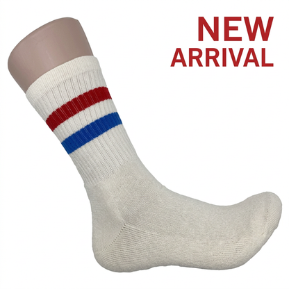 B1919 white sock with enhanced red and blue stripes and red NEW ARRIVAL text