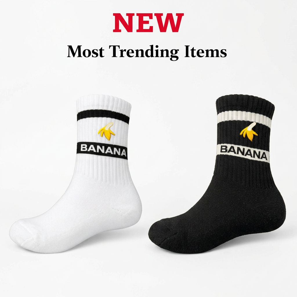 Black and white Banana socks in a square white catalog frame
