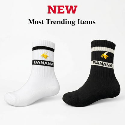 Black and white Banana socks in a square white catalog frame