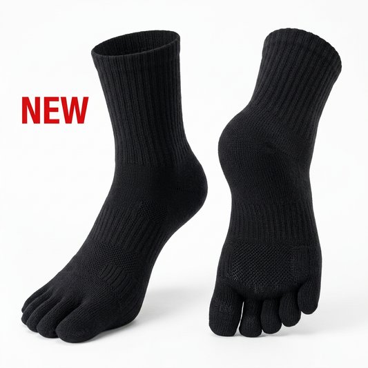 Black Danjiri five-toe socks with black support zones and red New text