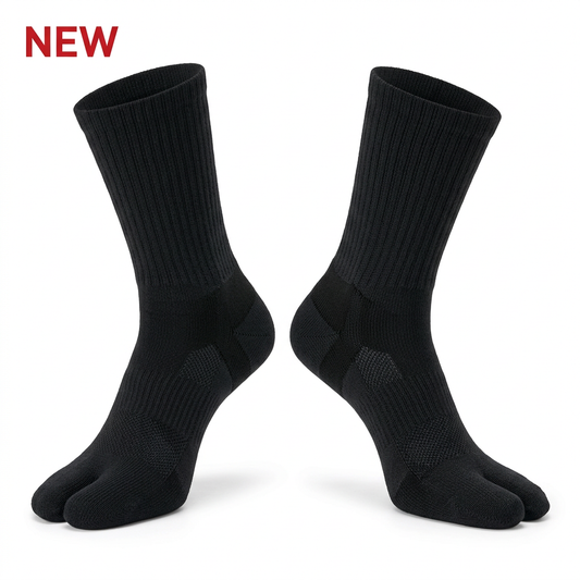 Black Danjiri two-toe crew socks with red New text on a white background