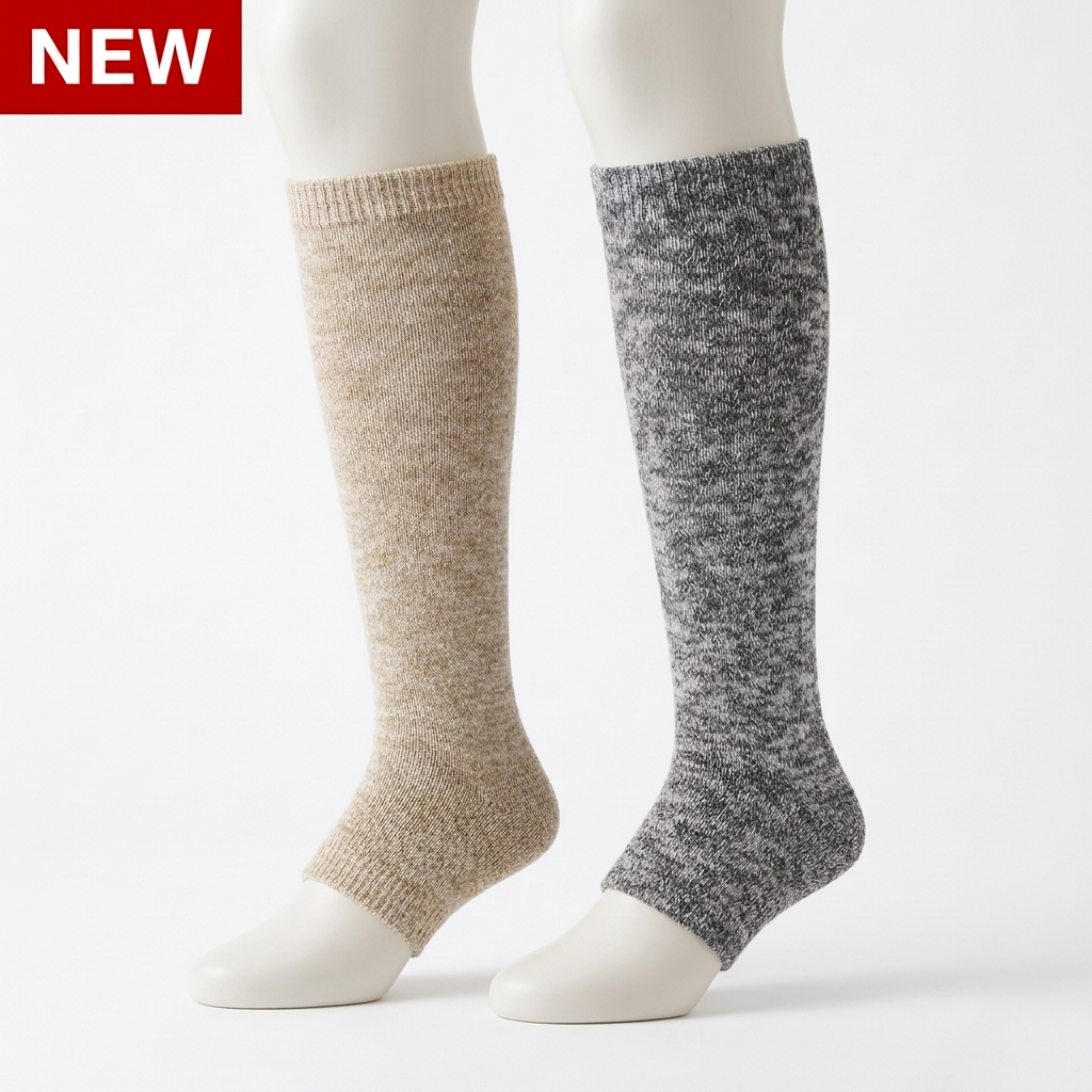 Color-enhanced oatmeal and grey leg warmers on side-view mannequins