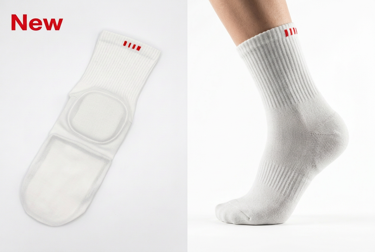 Combined image: the sock laid flat and the sock worn on a foot, side by side on a white background with red New text