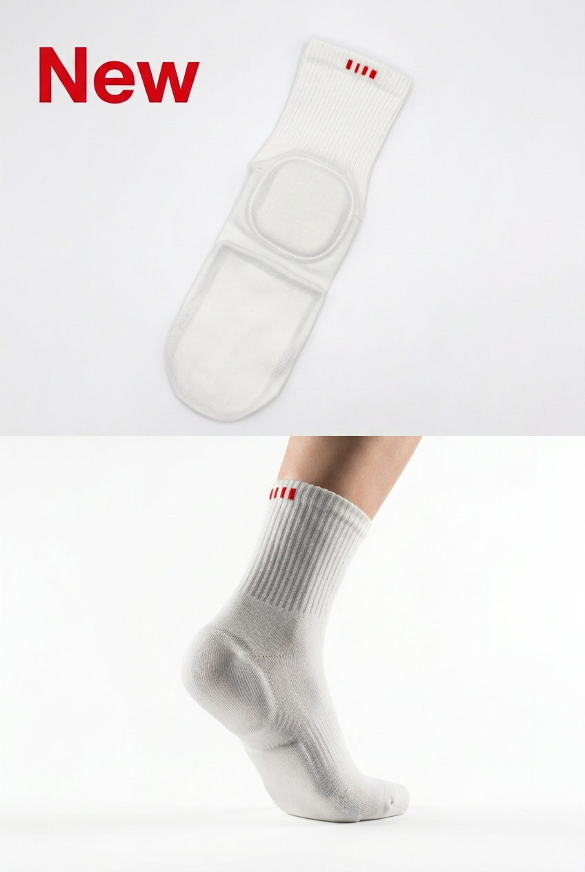 Combined portrait image: the sock laid flat on top and the sock worn on a foot below, on a white background with red New text