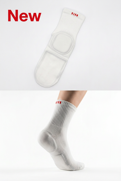 Combined portrait image: the sock laid flat on top and the sock worn on a foot below, on a white background with red New text