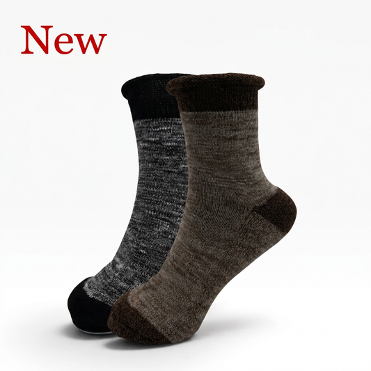 Enlarged rolled-top two-tone socks with red New text on a white background