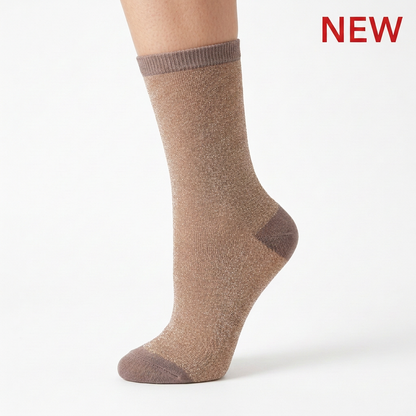 Lamé sock with matching taupe elastic cuff, toe, and heel