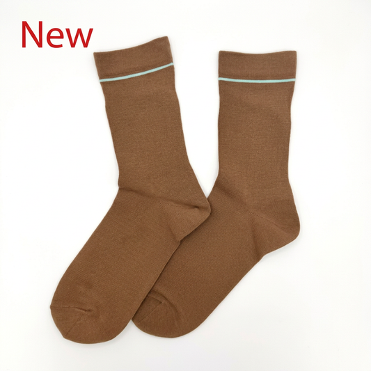 MINAFIT brown line socks with red New text on a white background