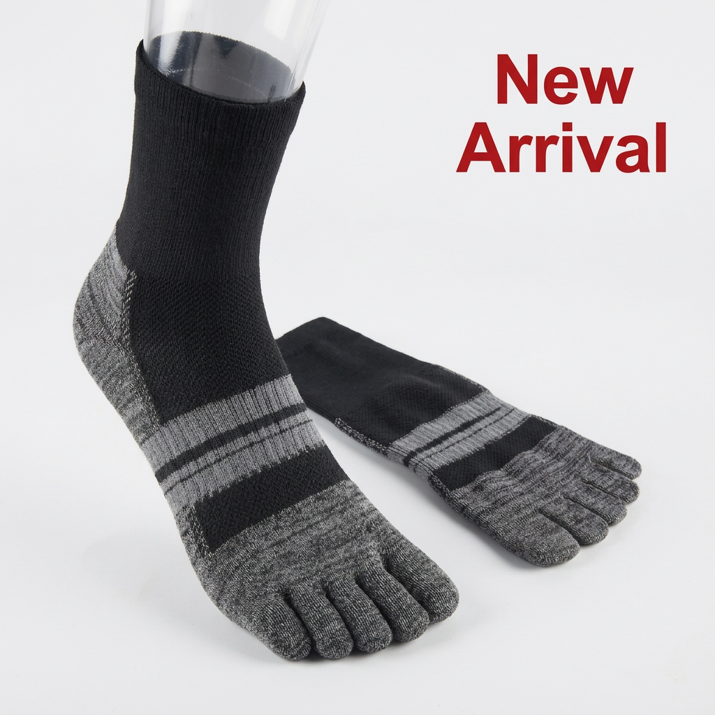 Mountain Tabi five-finger crew socks in a square white frame with red New Arrival text