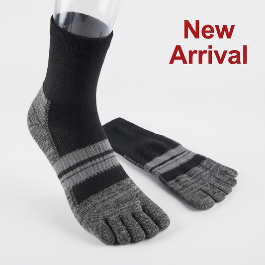 Mountain Tabi five-finger crew socks in a square white frame with red New Arrival text