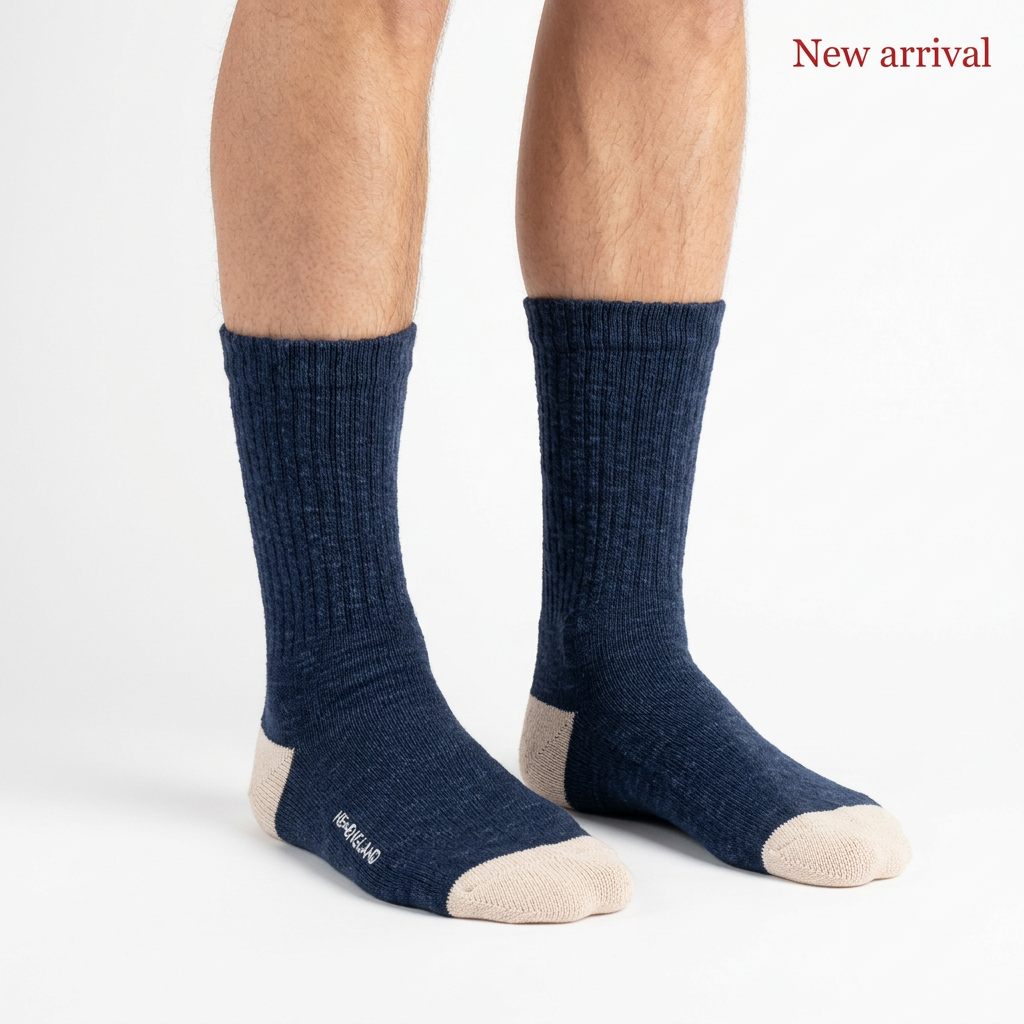 Navy NEWENGLAND socks worn on feet, with a white background and red New arrival text