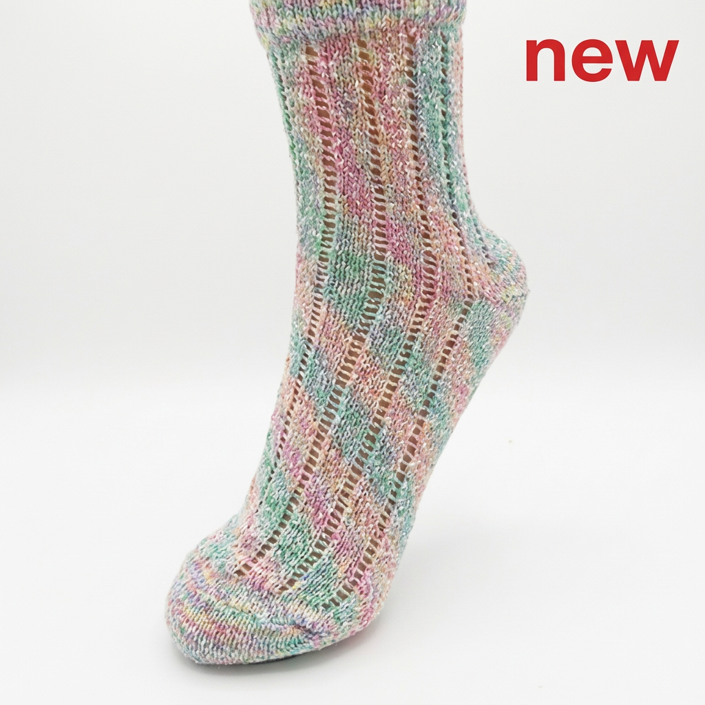 Rainbow sock in a square pure-white frame with red new text